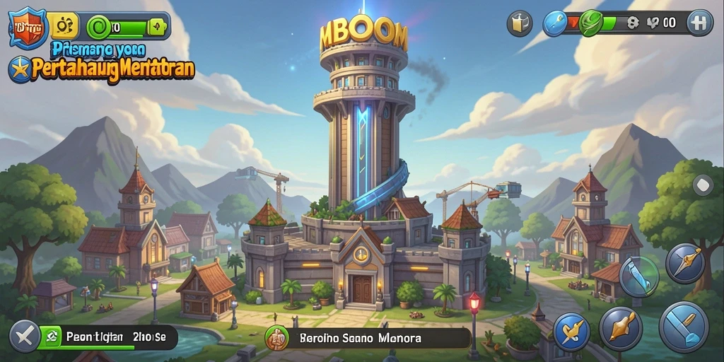 Tampilan gameplay MBOOM dengan aksi Tower Defense yang seru.