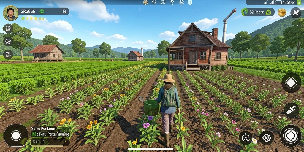 Screenshot gameplay SR6666 menampilkan pertanian yang indah dan berwarna-warni.