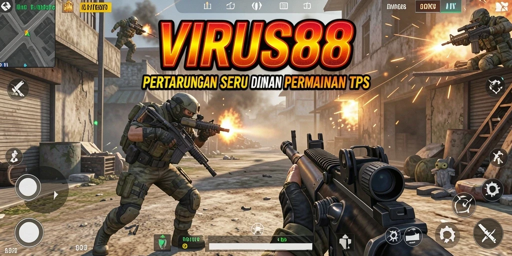 Screenshot gameplay VIRUS88 yang menunjukkan aksi tembak menembak seru.